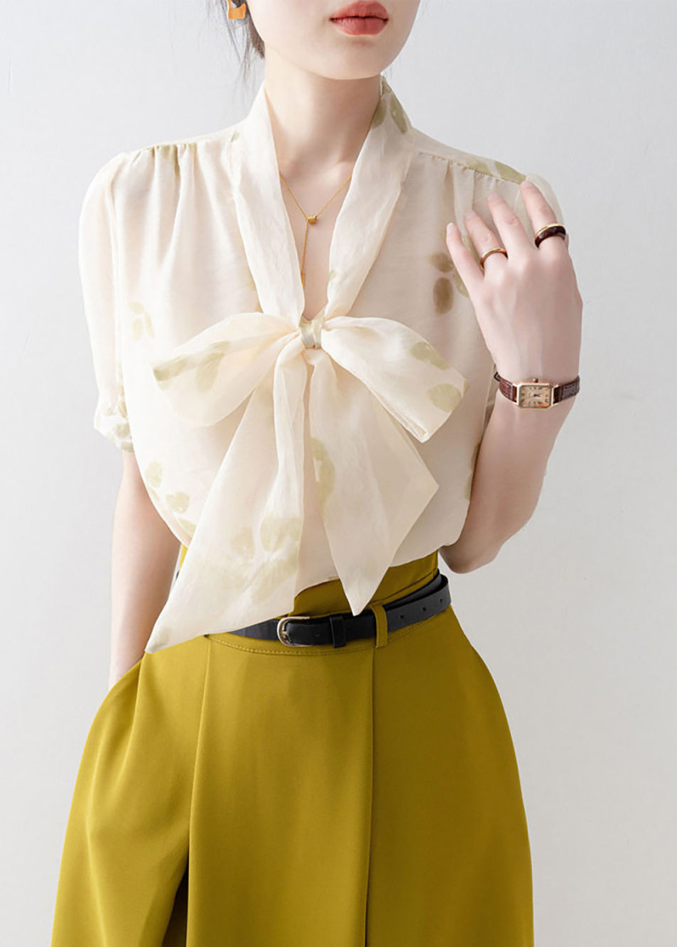 Modern Apricot Print V Neck Lace Up Bow Chiffon Shirt Short Sleeve