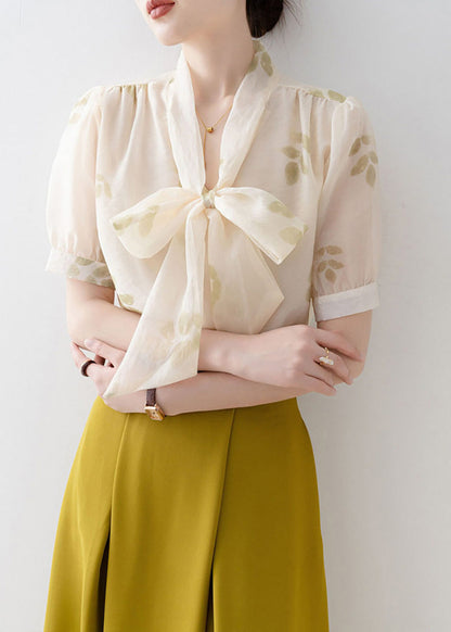 Modern Apricot Print V Neck Lace Up Bow Chiffon Shirt Short Sleeve