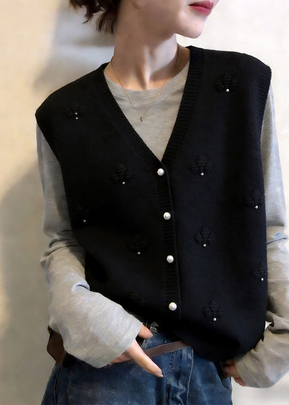 Modern Apricot V Neck Floral Button Cotton Knit Waistcoat Sleeveless