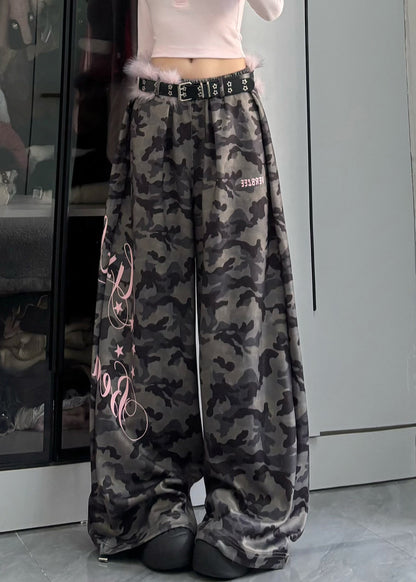 Modern Army Green Camouflage Letter Print Wide Leg Pants Spring