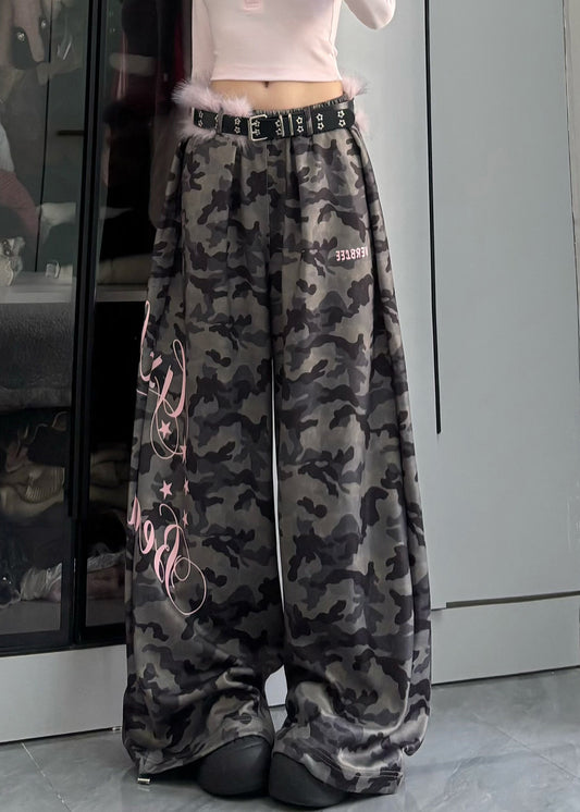 Modern Army Green Camouflage Letter Print Wide Leg Pants Spring