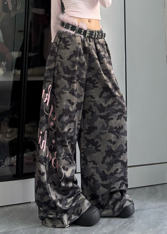 Modern Army Green Camouflage Letter Print Wide Leg Pants Spring