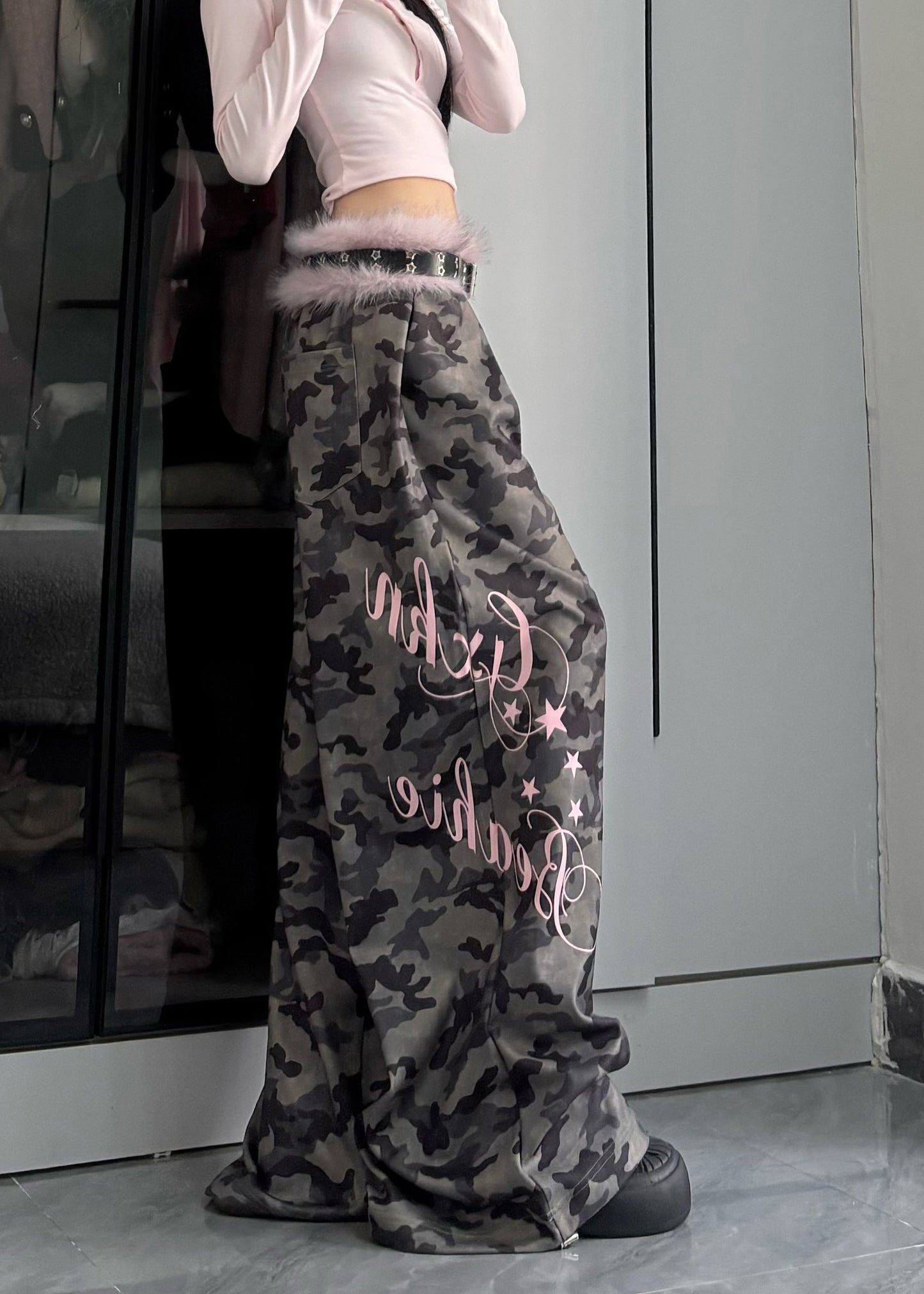 Modern Army Green Camouflage Letter Print Wide Leg Pants Spring