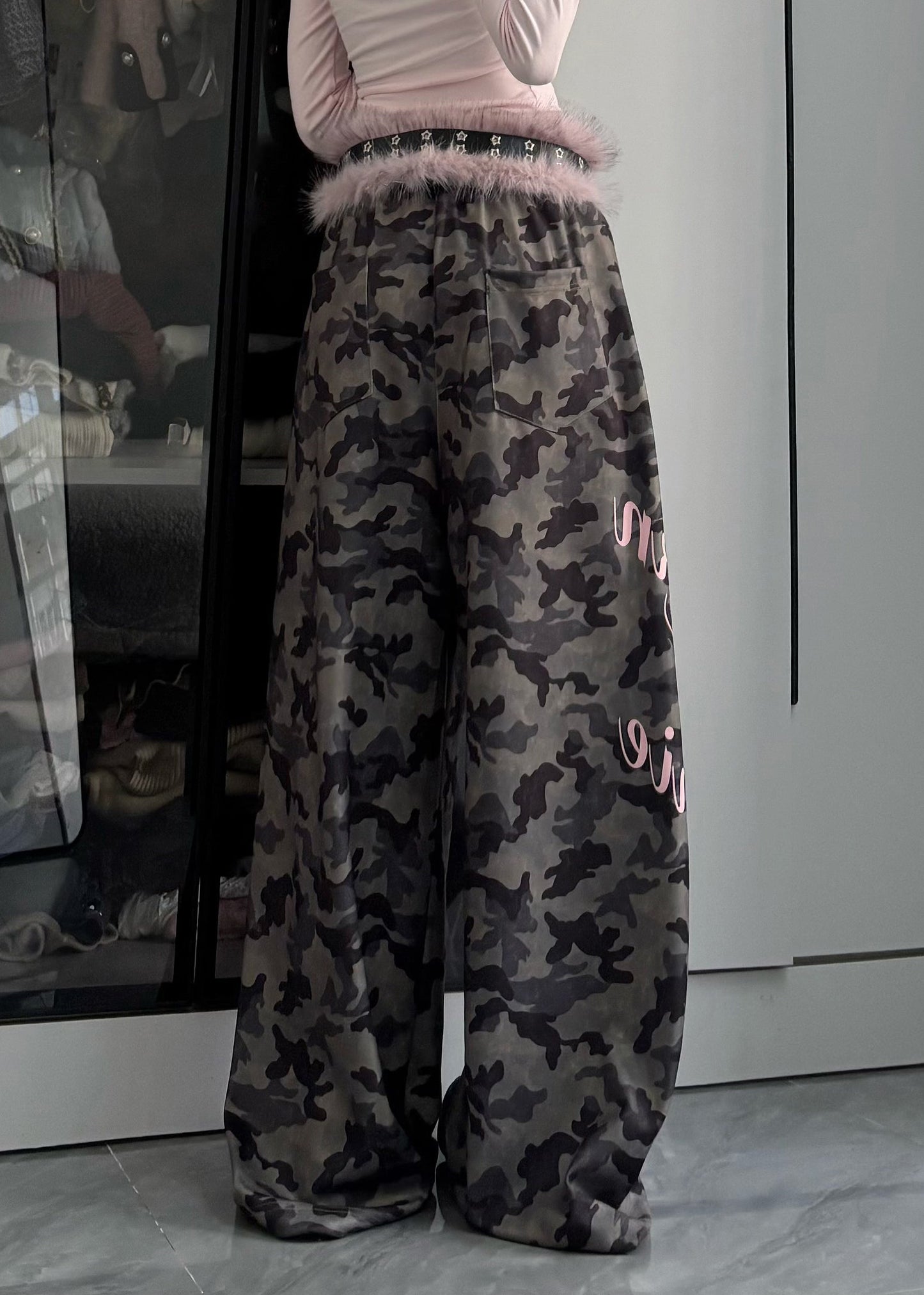 Modern Army Green Camouflage Letter Print Wide Leg Pants Spring