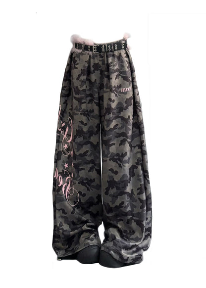 Modern Army Green Camouflage Letter Print Wide Leg Pants Spring