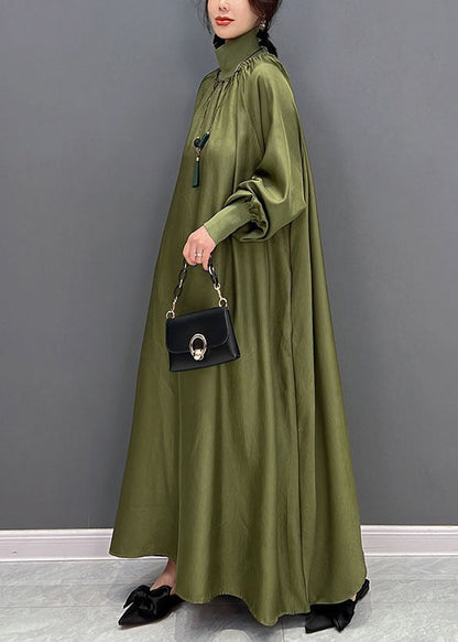Modern Army Green High Neck Oversized Solid Color Silk Dress Fall