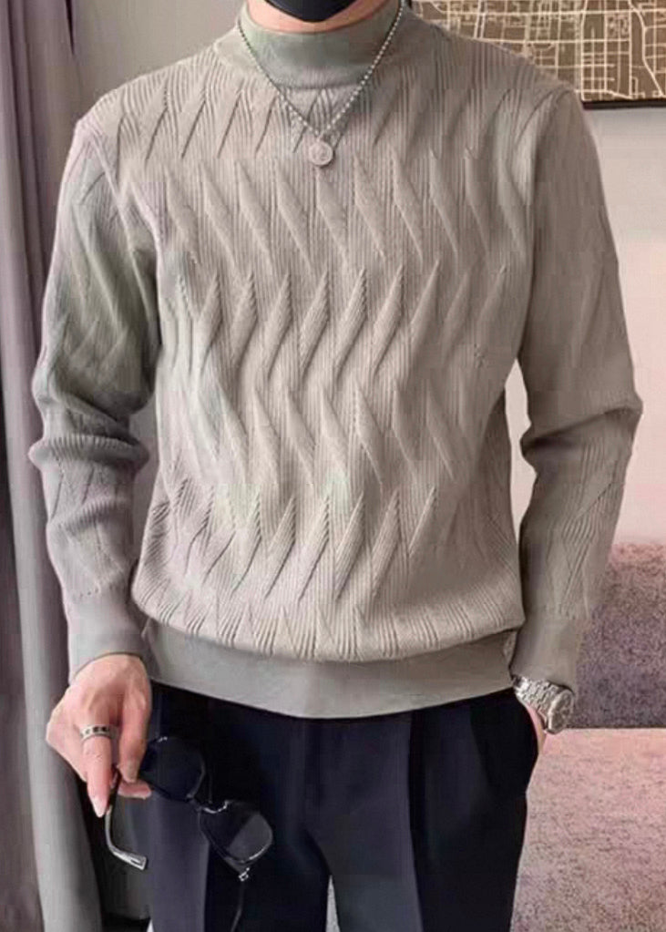 Modern Army Green Plaid Solid Knit Men Sweater Tops Winter