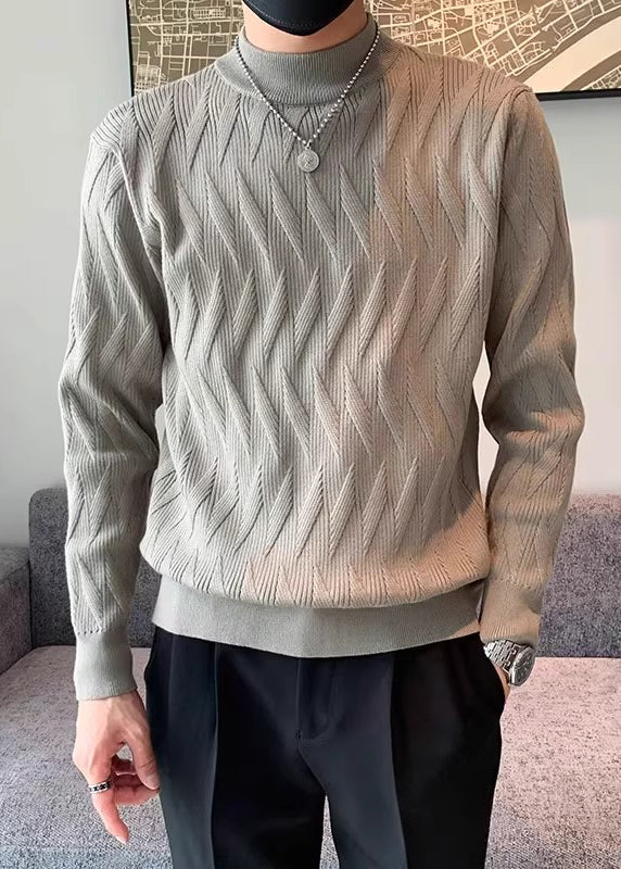 Modern Army Green Plaid Solid Knit Men Sweater Tops Winter