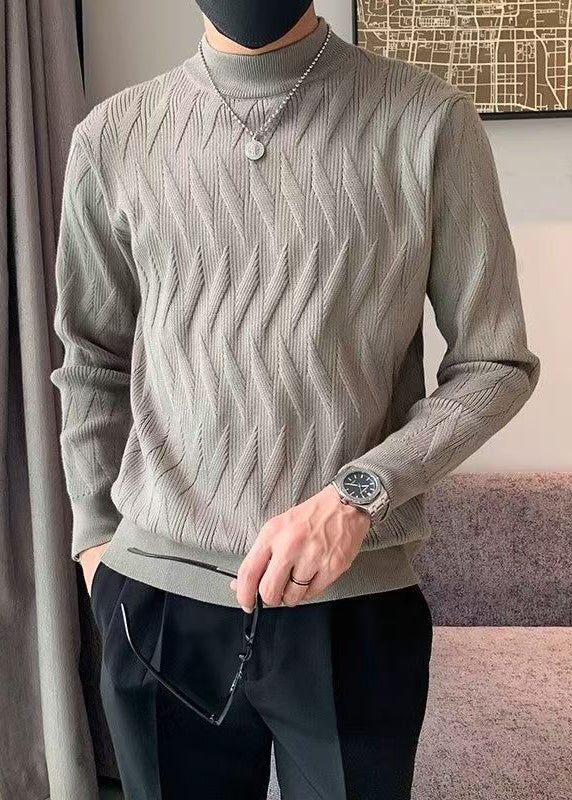 Modern Army Green Plaid Solid Knit Men Sweater Tops Winter