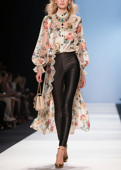 Modern Beige Ruffled Low High Design Print Chiffon Long Blouse Summer