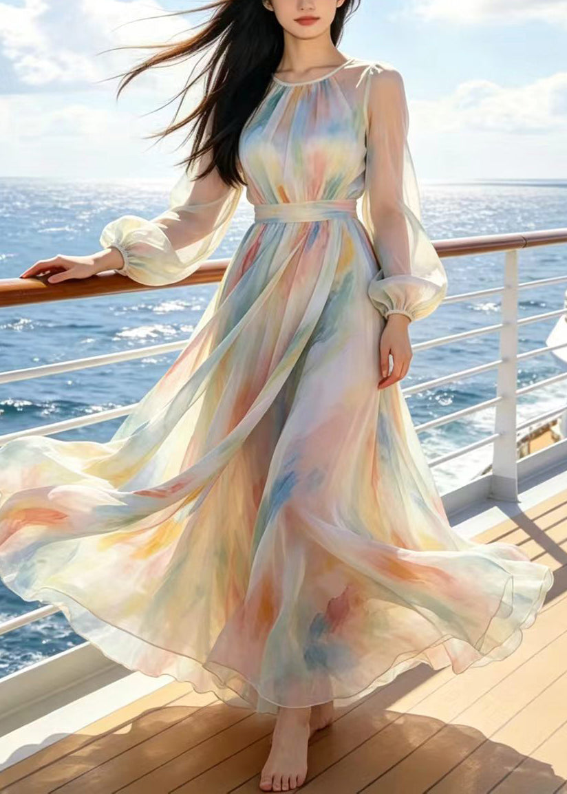 Modern Beige Tie Dye Exra Large Hem Chiffon Holiday Dress Summer