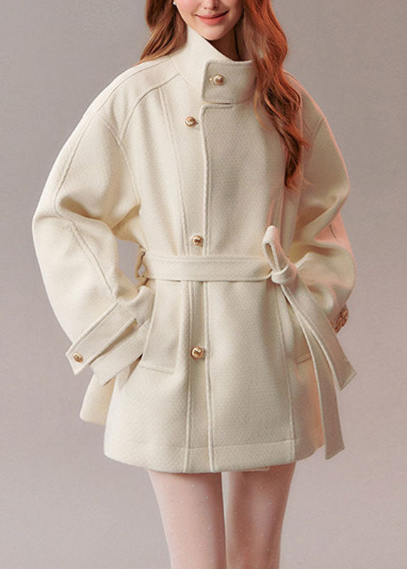 Modern Beige Tie Waist Pockets Solid Woolen Coat Fall