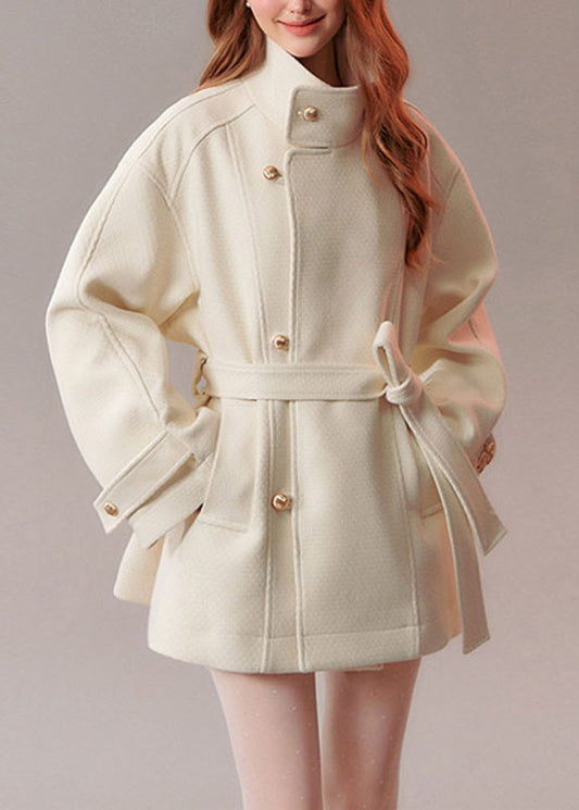 Modern Beige Tie Waist Pockets Solid Woolen Coat Fall