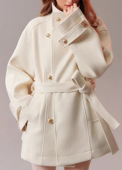 Modern Beige Tie Waist Pockets Solid Woolen Coat Fall