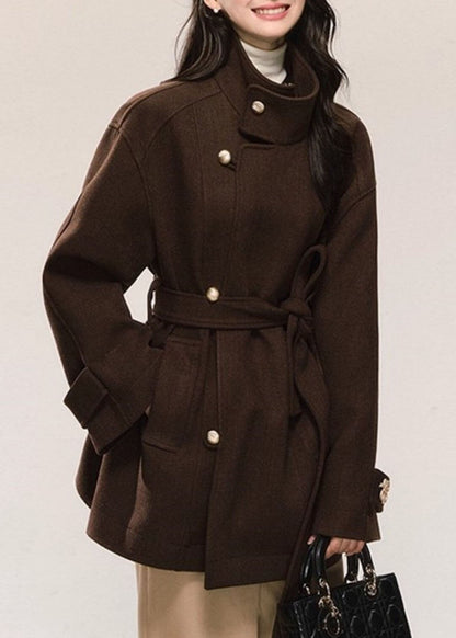 Modern Beige Tie Waist Pockets Solid Woolen Coat Fall