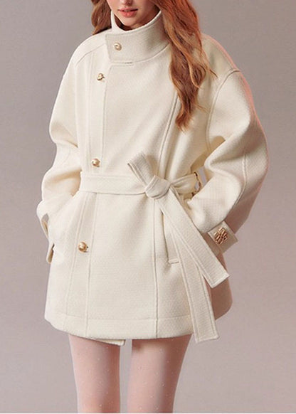 Modern Beige Tie Waist Pockets Solid Woolen Coat Fall
