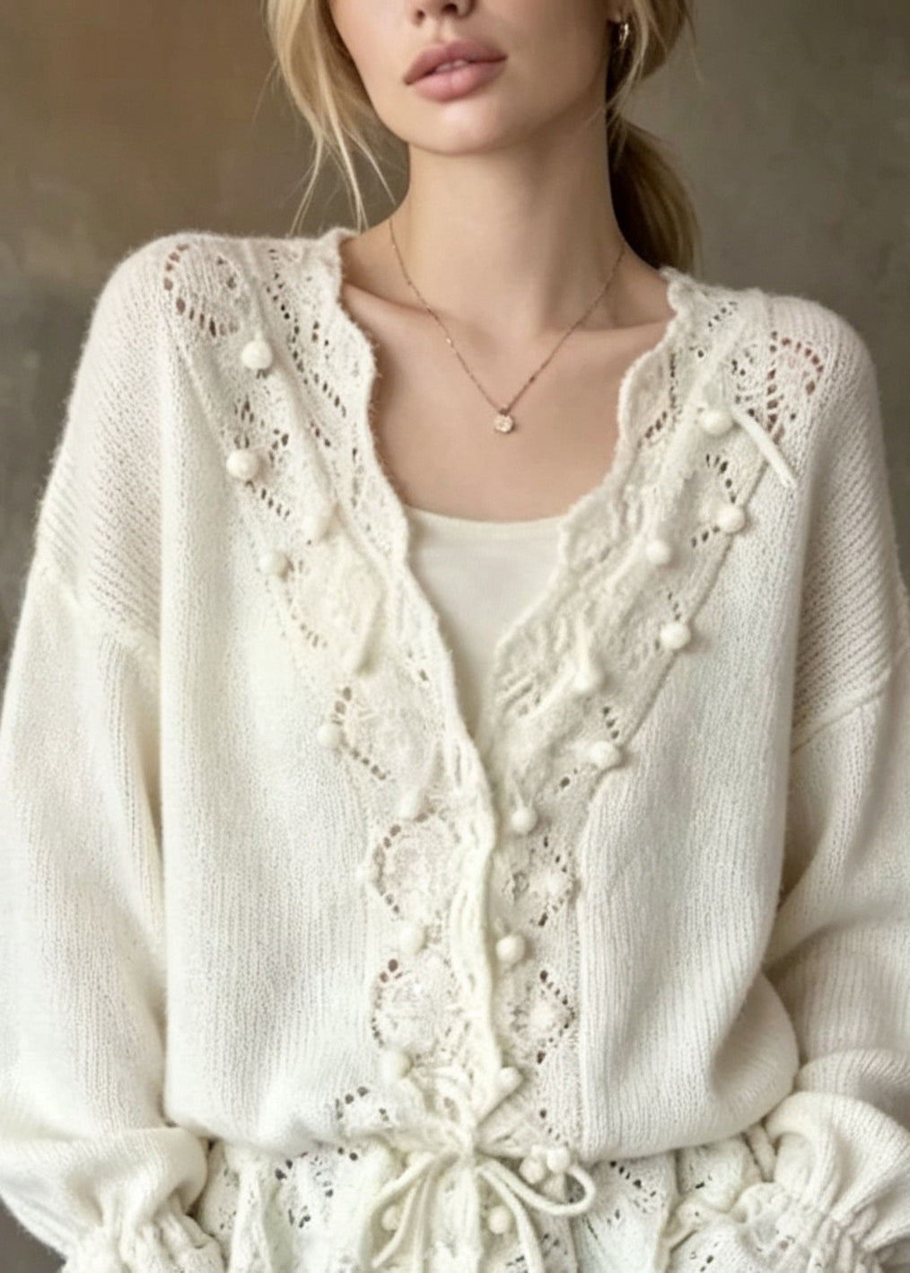 Modern Beige V Neck Lace Up Patchwork Knit Cardigan Fall
