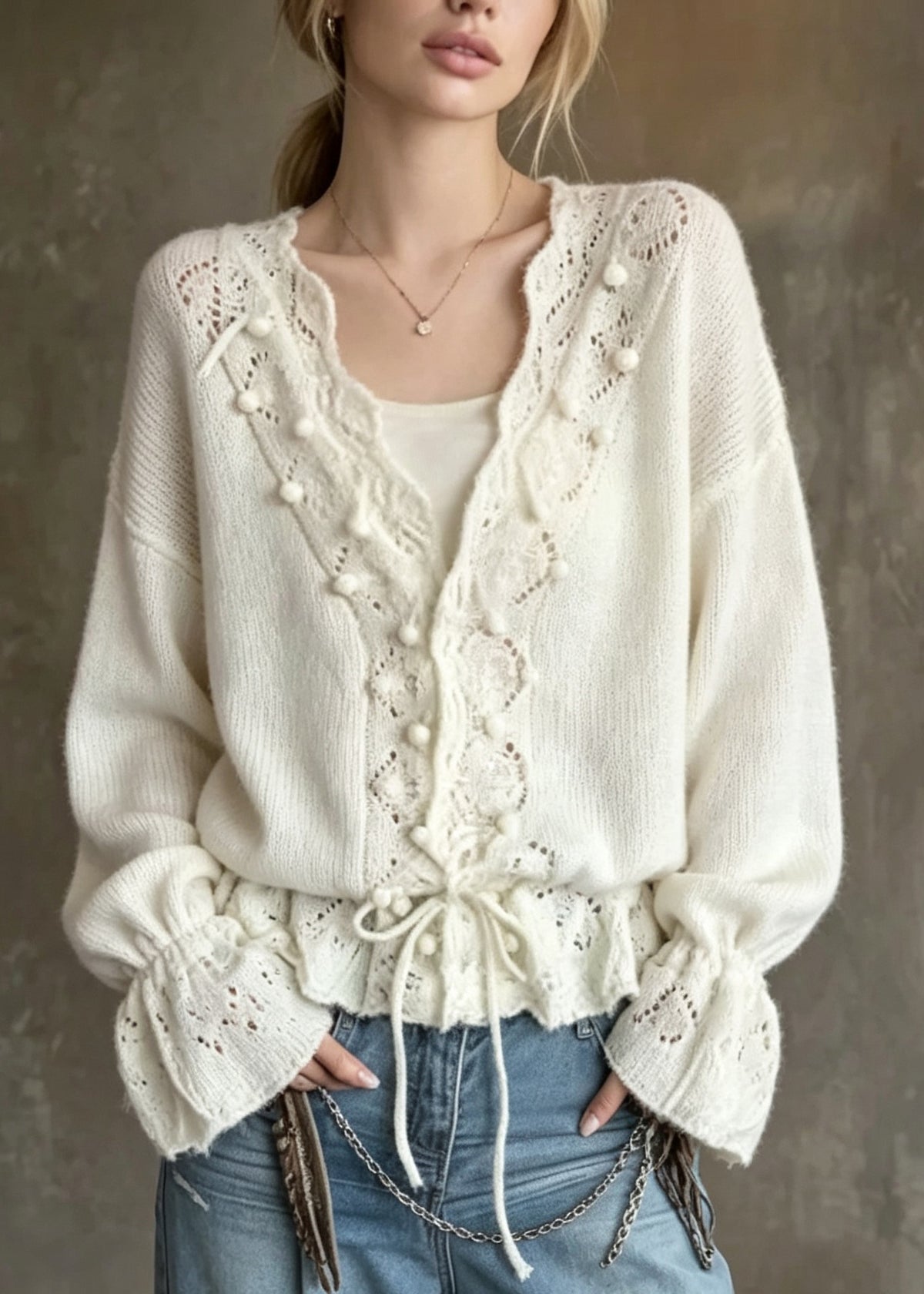 Modern Beige V Neck Lace Up Patchwork Knit Cardigan Fall