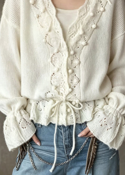 Modern Beige V Neck Lace Up Patchwork Knit Cardigan Fall