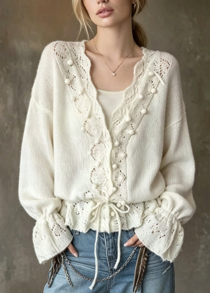 Modern Beige V Neck Lace Up Patchwork Knit Cardigan Fall