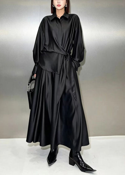 Modern Black Asymmetrical Tie Waist Shirt And Culottes Two Piece Set Fall