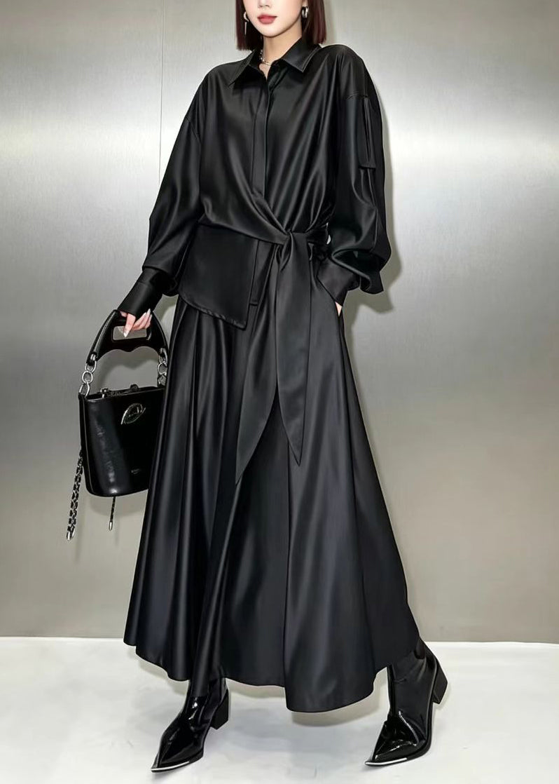 Modern Black Asymmetrical Tie Waist Shirt And Culottes Two Piece Set Fall