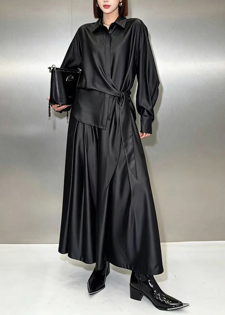 Modern Black Asymmetrical Tie Waist Shirt And Culottes Two Piece Set Fall
