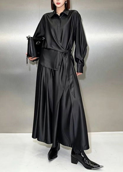 Modern Black Asymmetrical Tie Waist Shirt And Culottes Two Piece Set Fall