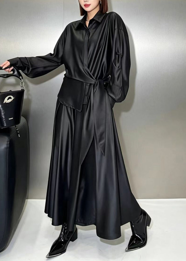 Modern Black Asymmetrical Tie Waist Shirt And Culottes Two Piece Set Fall