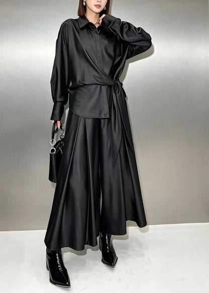Modern Black Asymmetrical Tie Waist Shirt And Culottes Two Piece Set Fall