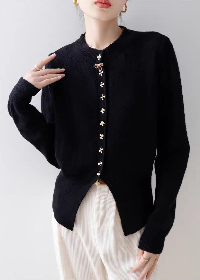 Modern Black Bow Button Side Open Knit Cardigan Winter