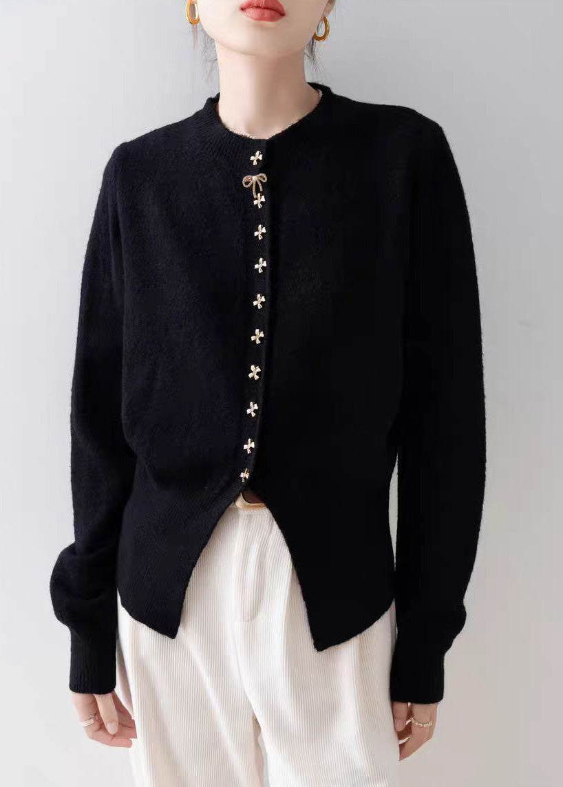 Modern Black Bow Button Side Open Knit Cardigan Winter