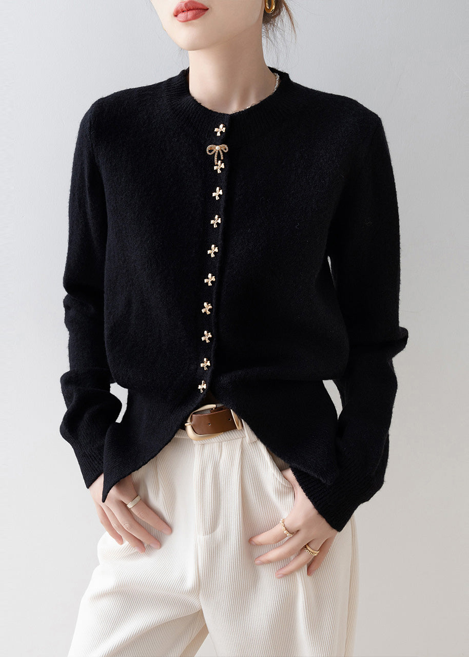 Modern Black Bow Button Side Open Knit Cardigan Winter