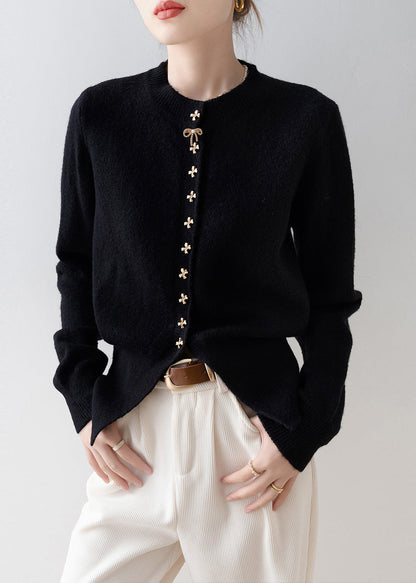 Modern Black Bow Button Side Open Knit Cardigan Winter