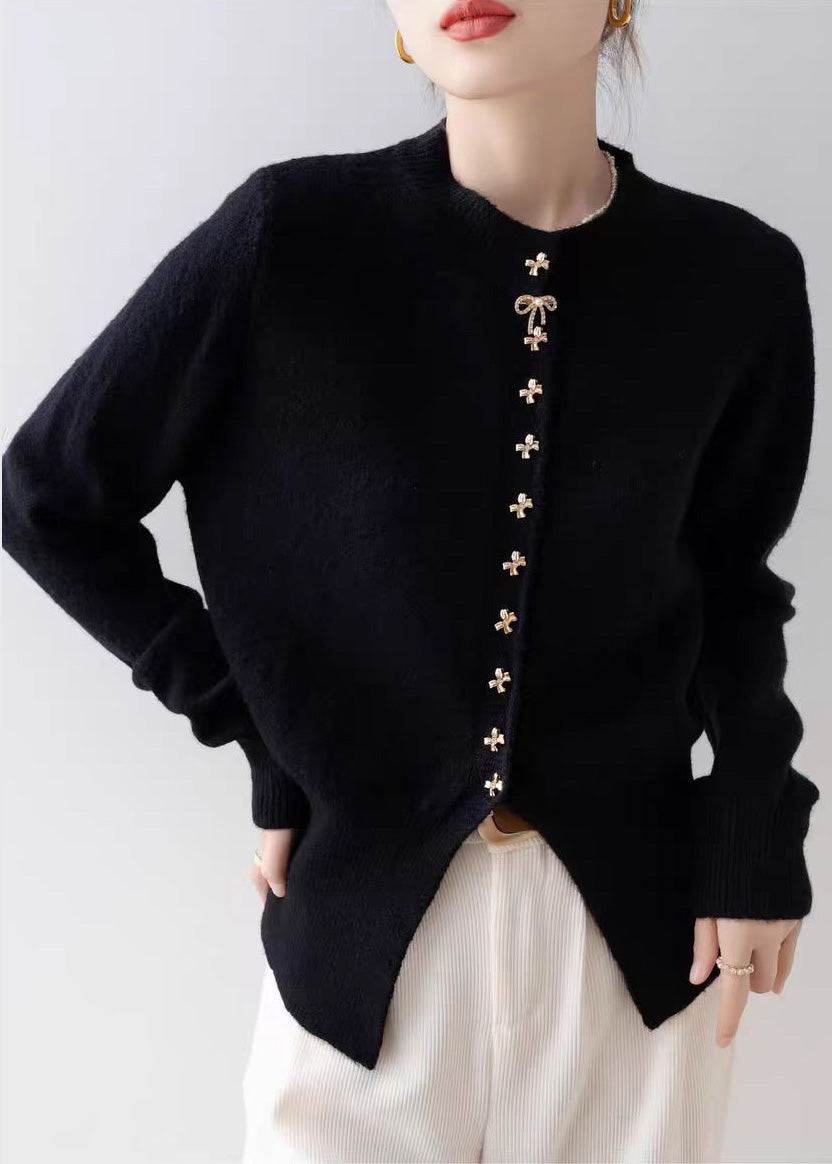 Modern Black Bow Button Side Open Knit Cardigan Winter