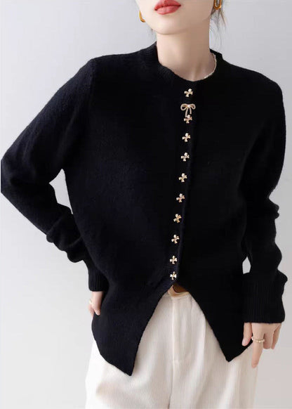 Modern Black Bow Button Side Open Knit Cardigan Winter