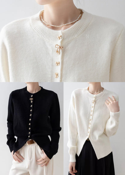 Modern Black Bow Button Side Open Knit Cardigan Winter