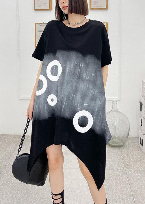 Modern Black Circle Asymmetric Cotton Dresses Short Sleeve - SooLinen
