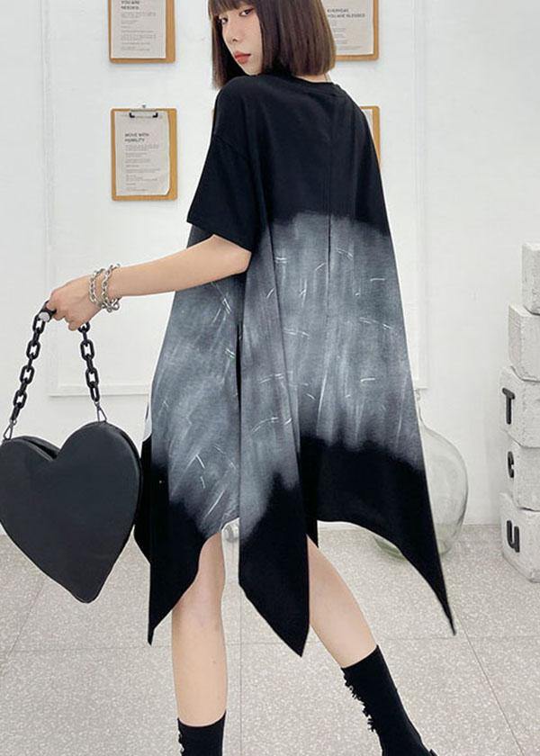 Modern Black Circle Asymmetric Cotton Dresses Short Sleeve - SooLinen