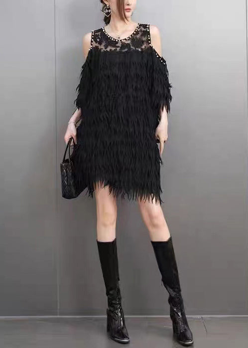 Modern Black Cold Shoulder Patchwork Eyelash Mini Dresses Summer