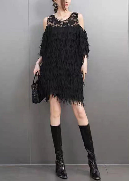 Modern Black Cold Shoulder Patchwork Eyelash Mini Dresses Summer