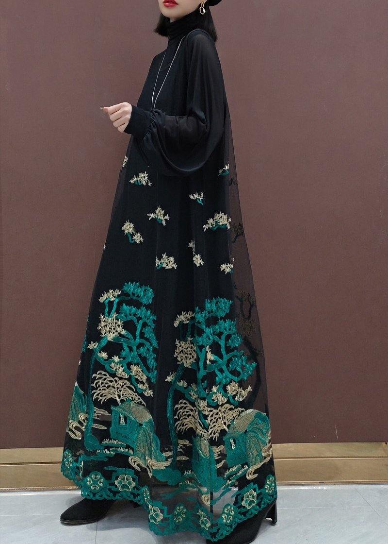 Modern Black Embroidery Dresses Stand Collar Patchwork Tulle Vestidos De Lino Spring Dress - SooLinen
