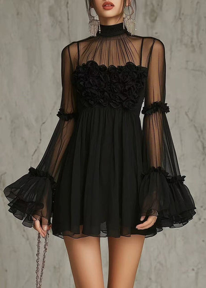 Modern Black Hign Neck Stereoscopic Floral Sheer Mesh Mini Dresses Long Sleeve