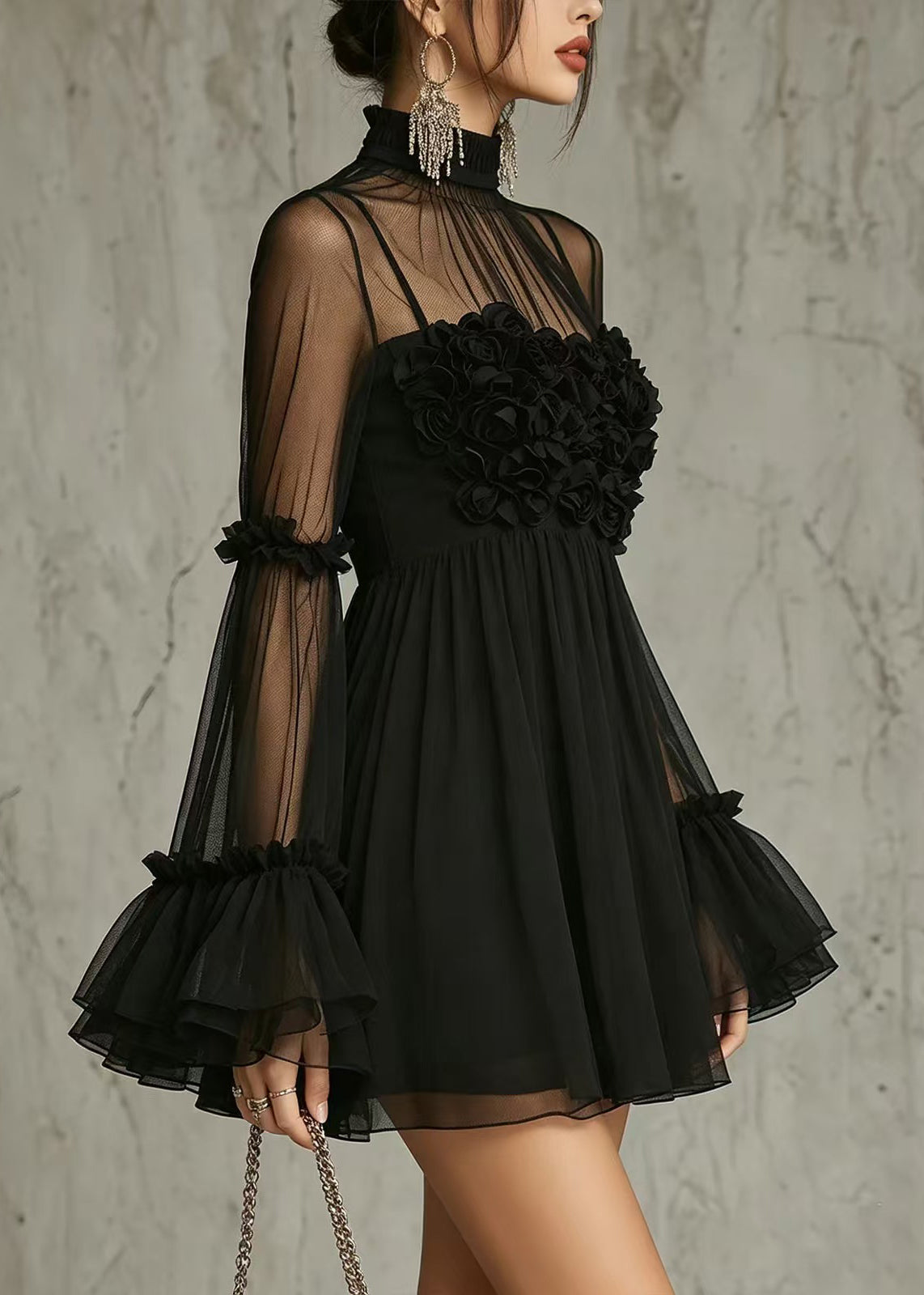 Modern Black Hign Neck Stereoscopic Floral Sheer Mesh Mini Dresses Long Sleeve