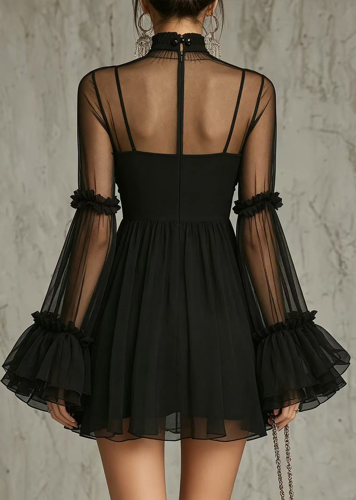 Modern Black Hign Neck Stereoscopic Floral Sheer Mesh Mini Dresses Long Sleeve