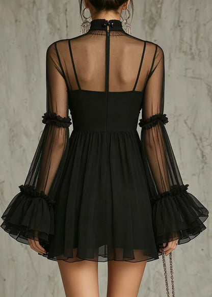 Modern Black Hign Neck Stereoscopic Floral Sheer Mesh Mini Dresses Long Sleeve