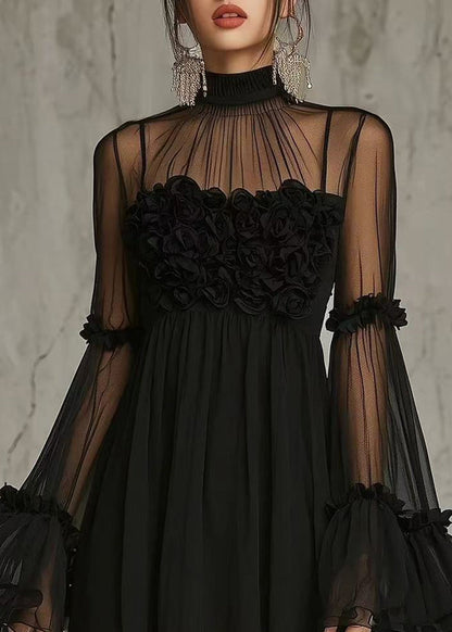 Modern Black Hign Neck Stereoscopic Floral Sheer Mesh Mini Dresses Long Sleeve