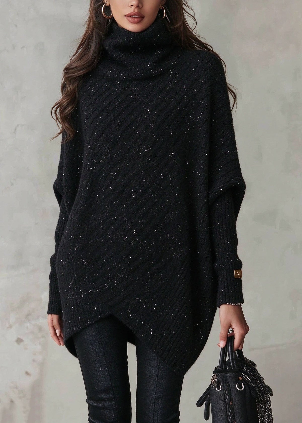 Modern Black Hign Neck Thick Patchwork Knit Sweater Fall