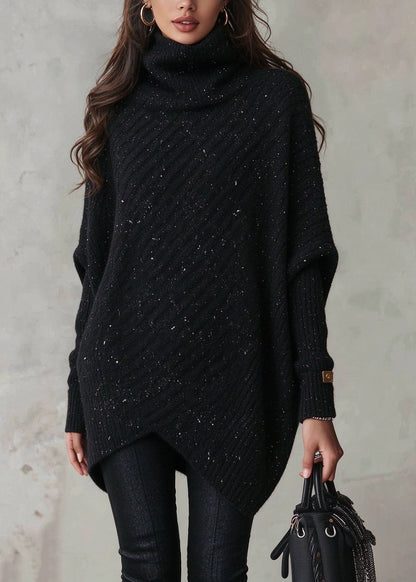 Modern Black Hign Neck Thick Patchwork Knit Sweater Fall