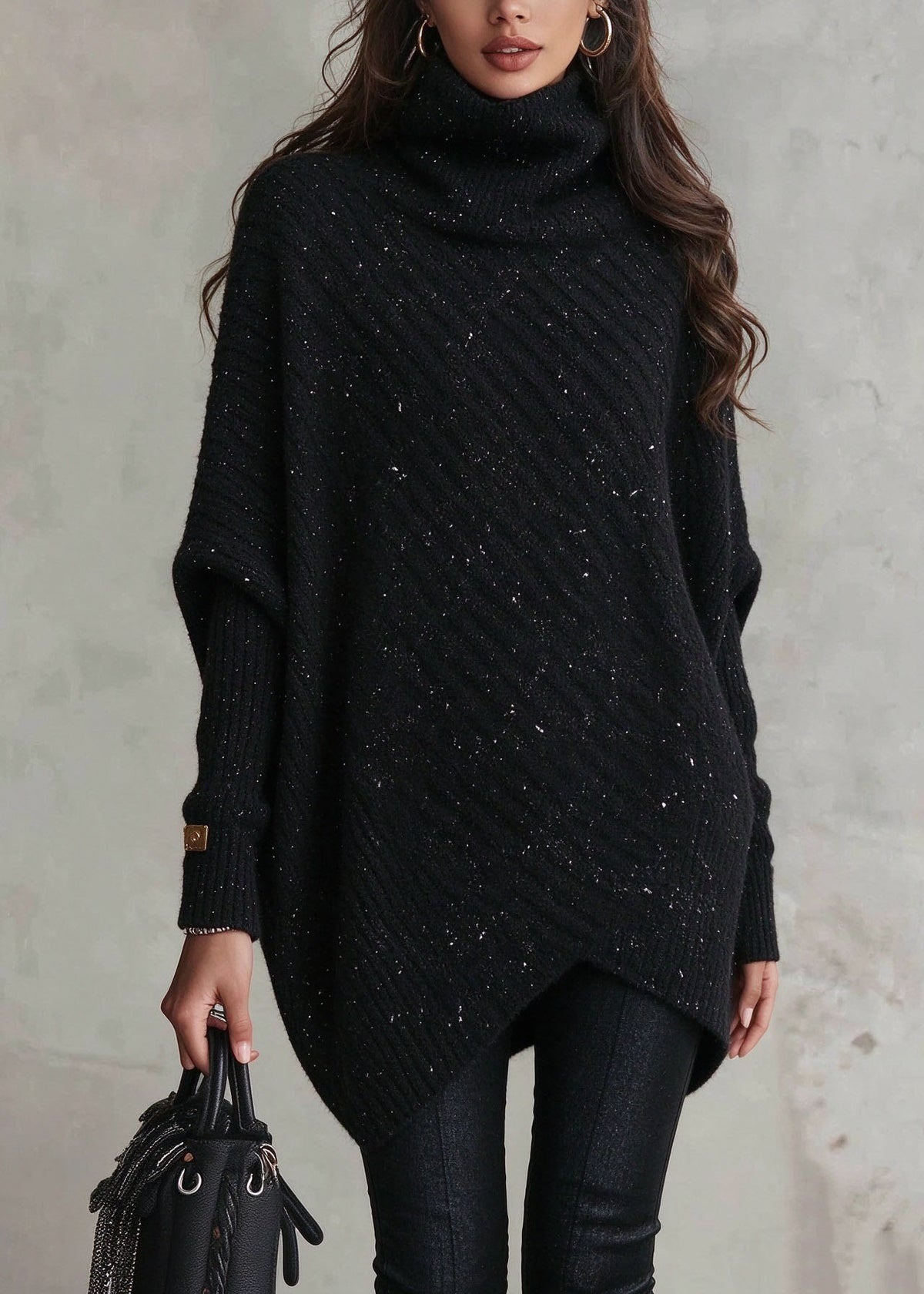 Modern Black Hign Neck Thick Patchwork Knit Sweater Fall